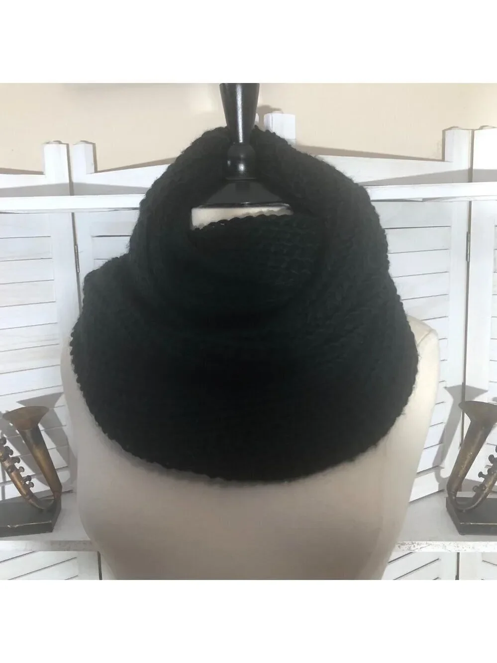 Black Cable Knit Infinity Scarf Chunky Warm OS